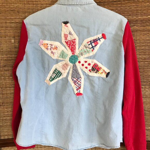 Upcycled Denim Shirt Jacket (M-L): Vintage Quilt Patchwork, Waffle Knit Sleeves - Picture 6 of 12